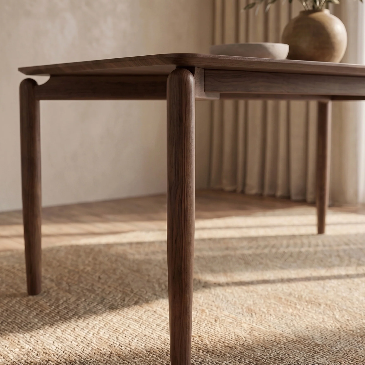 Dalia 150cm Walnut Dining Set – 4-Leg Base Table with 4 Kibano Oatmeal Bouclé Chairs