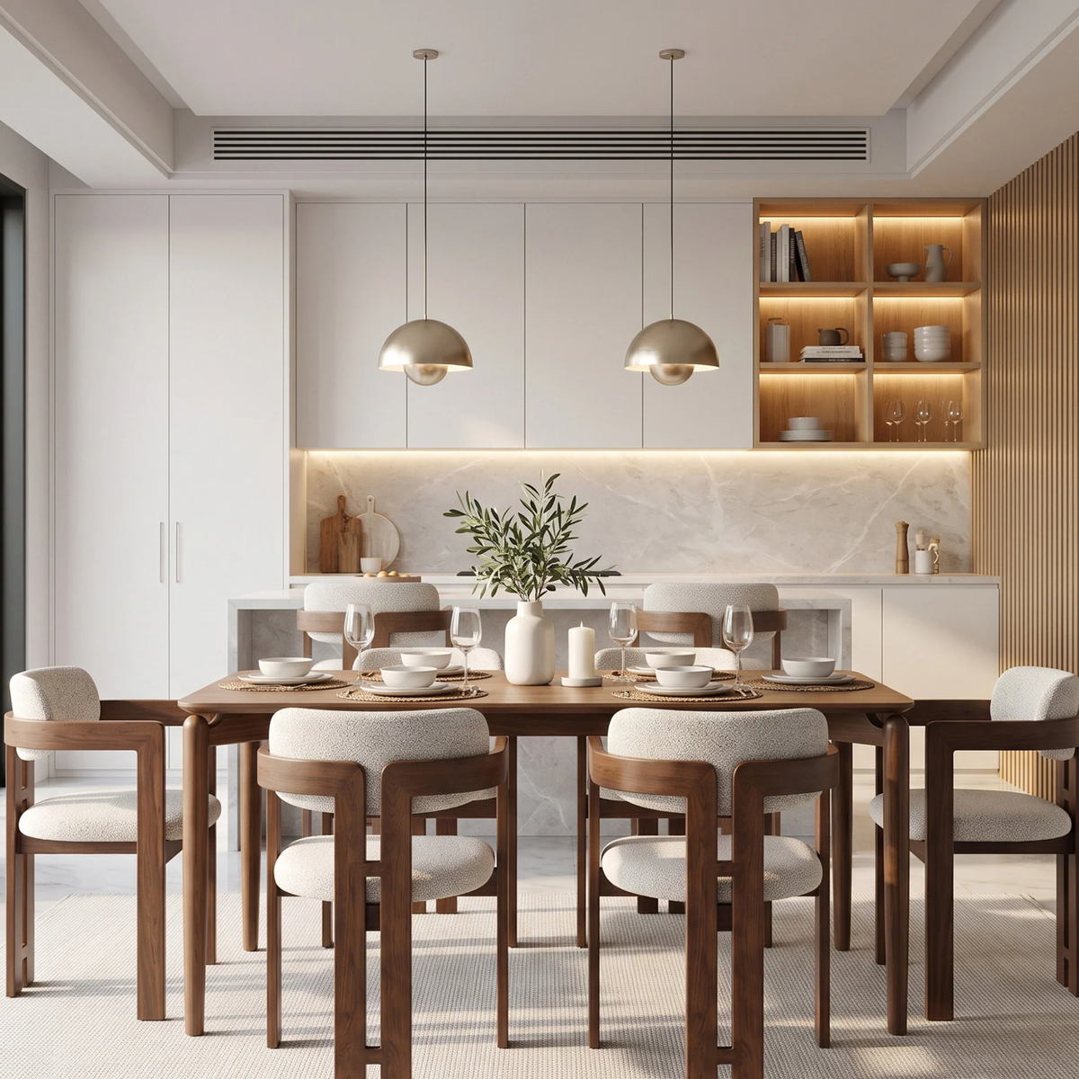 Dalia 150cm Walnut Dining Set – 4-Leg Base Table with 6 Carmine Oatmeal Boucle Chairs