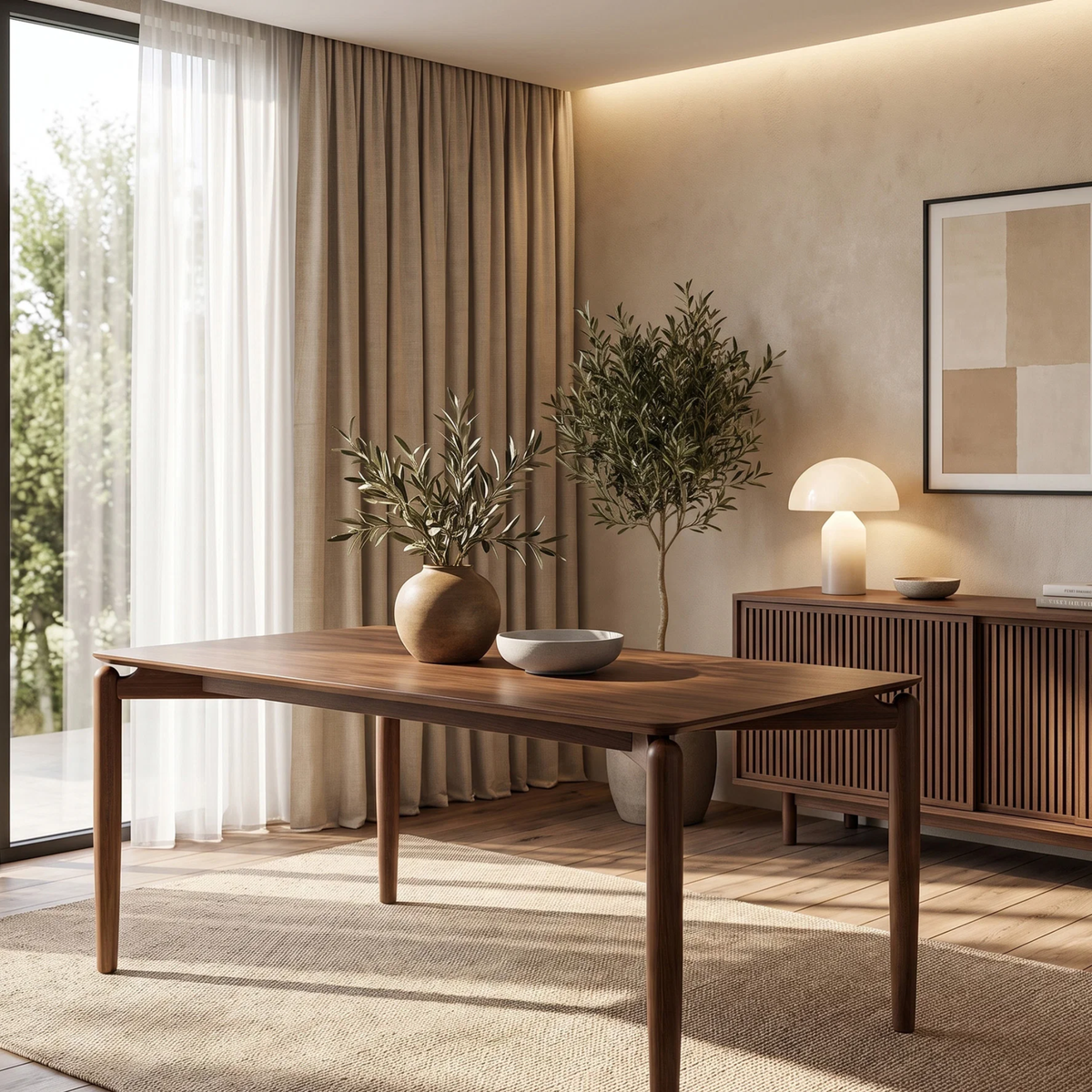 Dalia 150cm Walnut Dining Set – 4-Leg Base Table with 6 Carmine Oatmeal Boucle Chairs