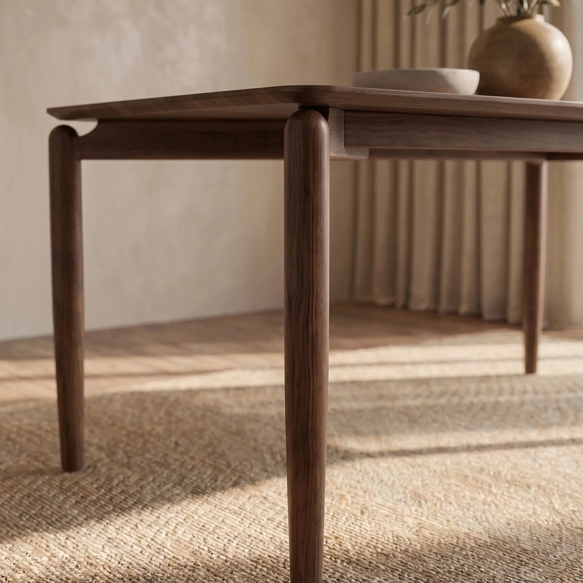 Dalia 150cm Walnut Dining Set – 4-Leg Base Table with 6 Carmine Oatmeal Boucle Chairs