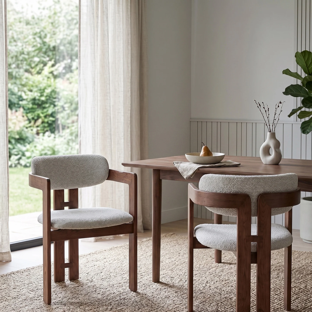 Dalia 150cm Walnut Dining Set – 4-Leg Base Table with 6 Carmine Oatmeal Boucle Chairs