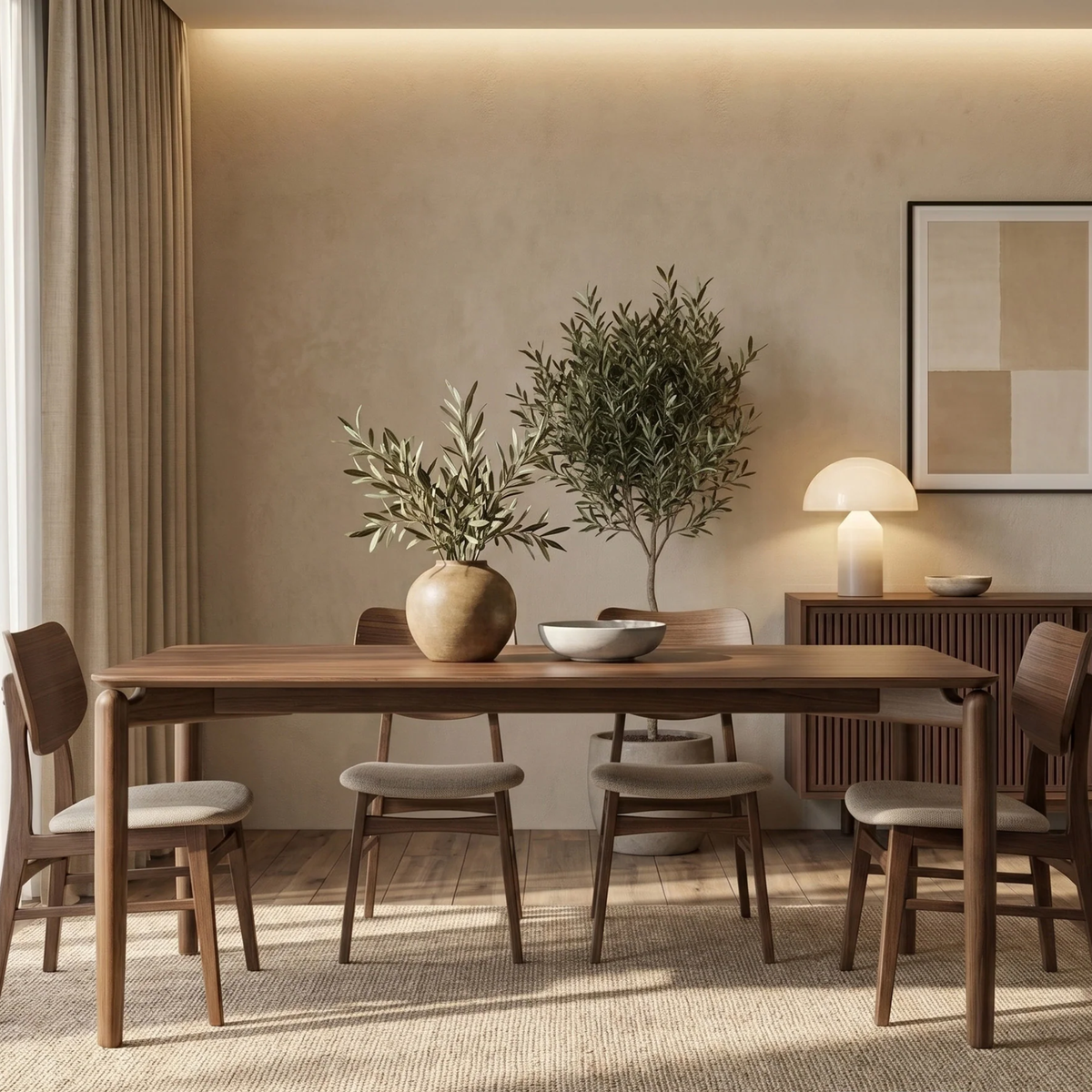 Dalia 150cm Walnut Dining Set – 4-Leg Base Table with 6 Kibano Oatmeal Boucle Chairs