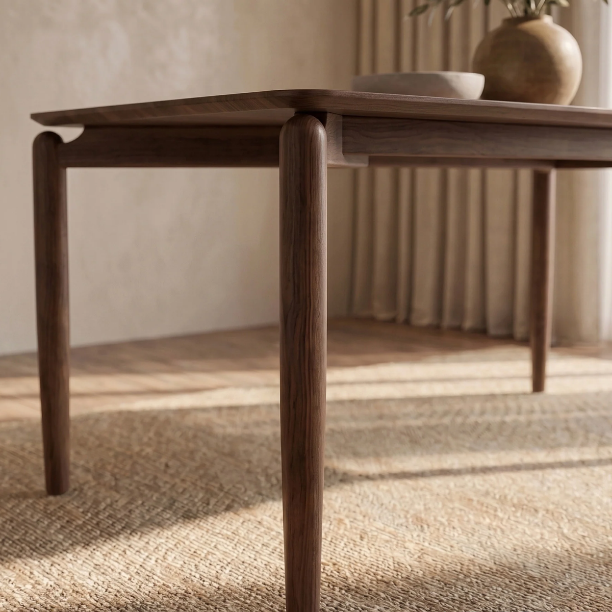 Dalia 150cm Walnut Dining Set – 4-Leg Base Table with 6 Kibano Oatmeal Boucle Chairs