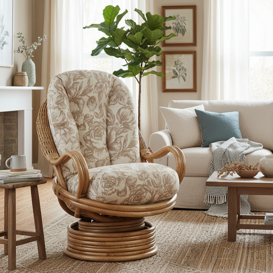 Light Oak Deluxe Swivel Rocker Chair in Floral Beige