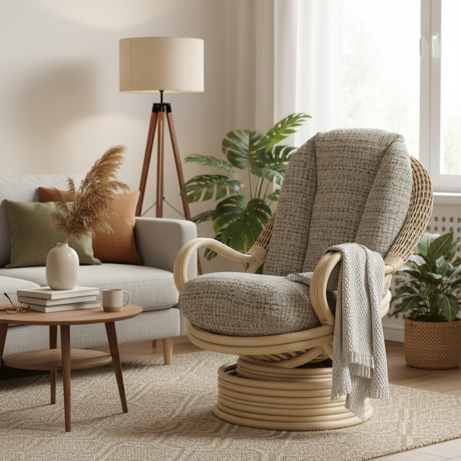 Natural Wash Deluxe Swivel Rocker Chair in Blush Tweed