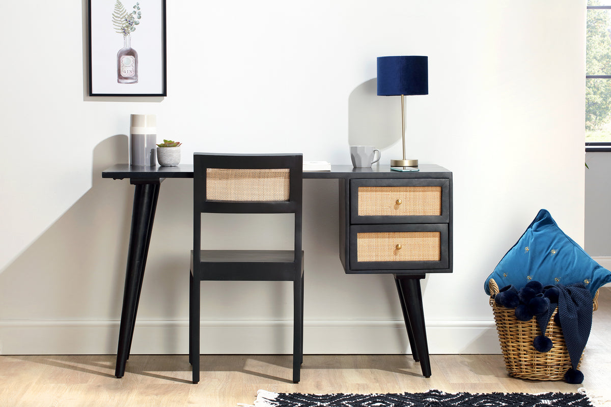 Venice 2 Drawer Cane and Wood Dressing Table Desk Black