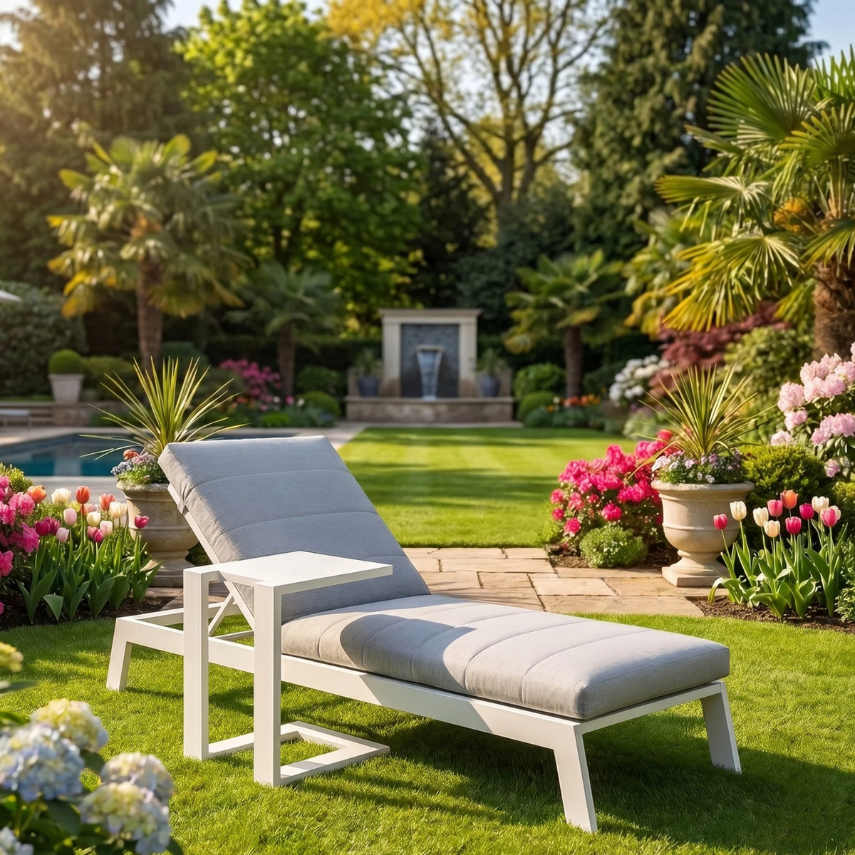 Dessa Outdoor Sun Lounger with Table Set in White