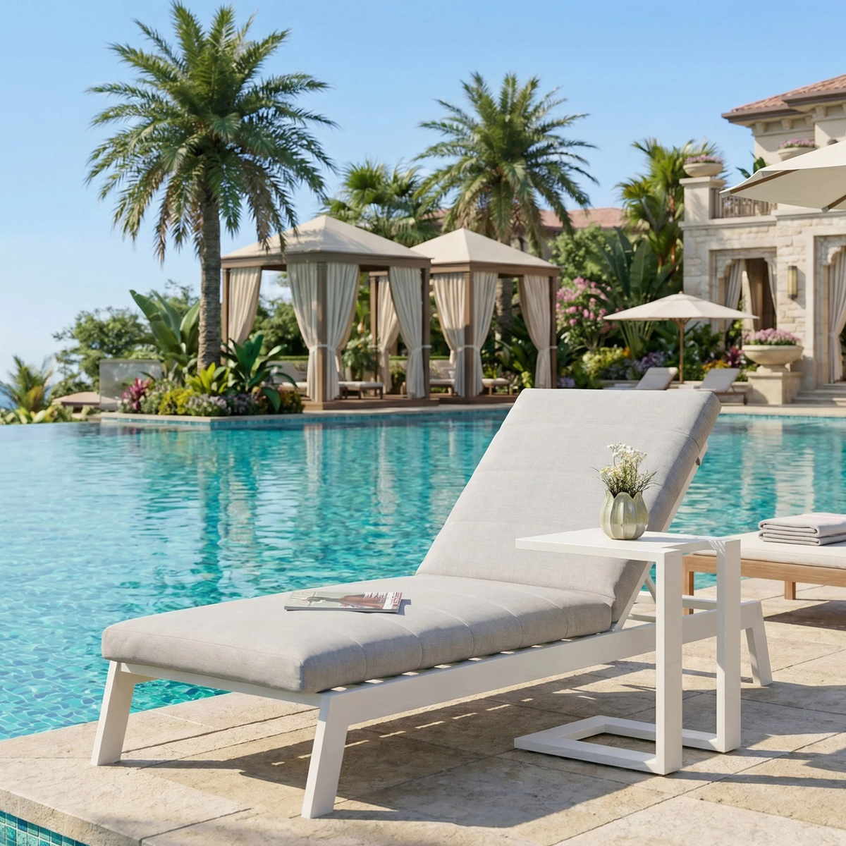 Dessa Outdoor Sun Lounger with Table Set in White