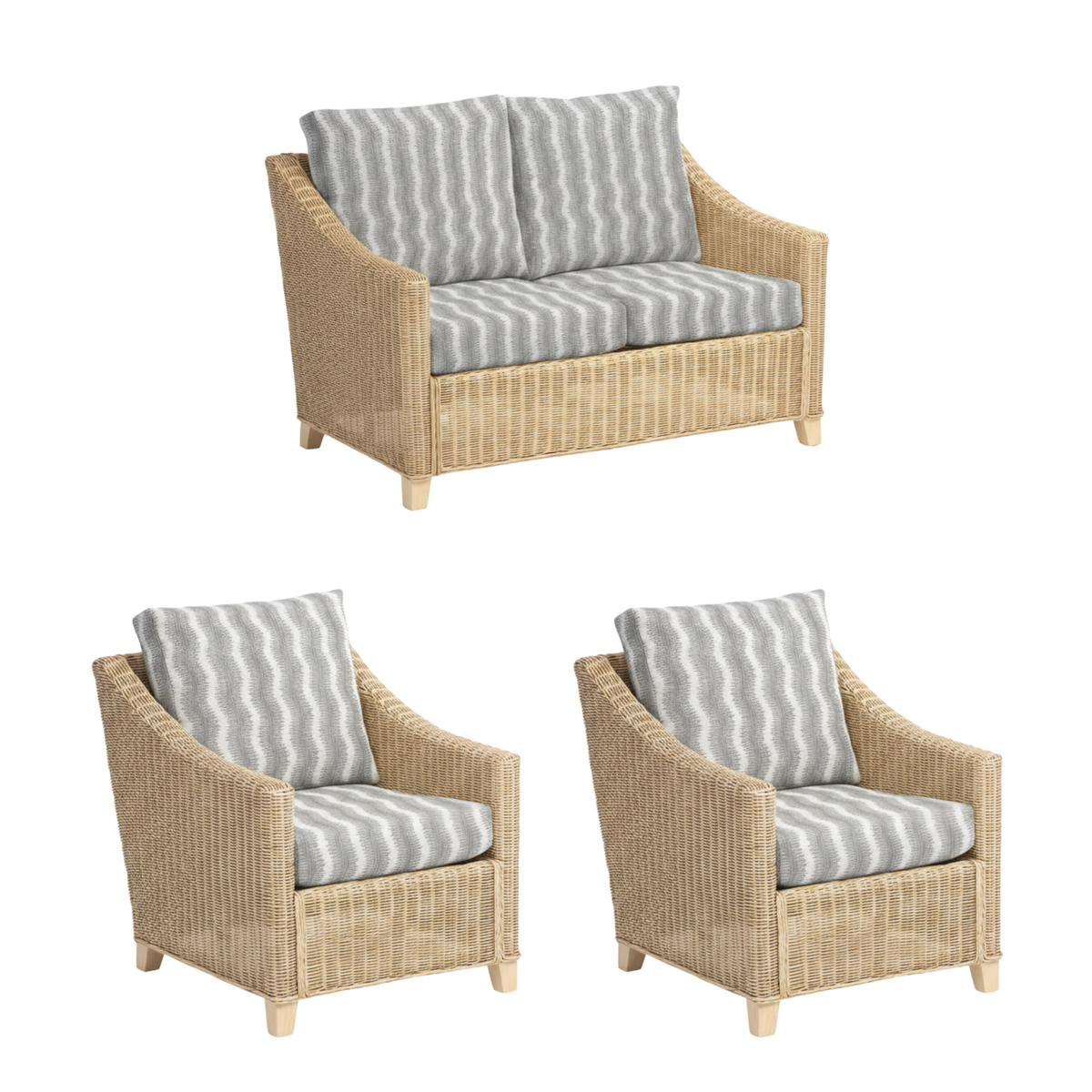 Dijon Natural Rattan 2 Seater Sofa 3pc Suite in Wave Blue