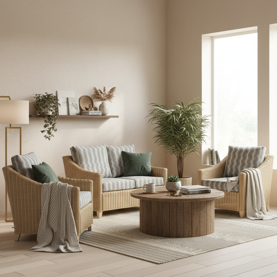 Dijon Natural Rattan 2 Seater Sofa 3pc Suite in Wave Blue