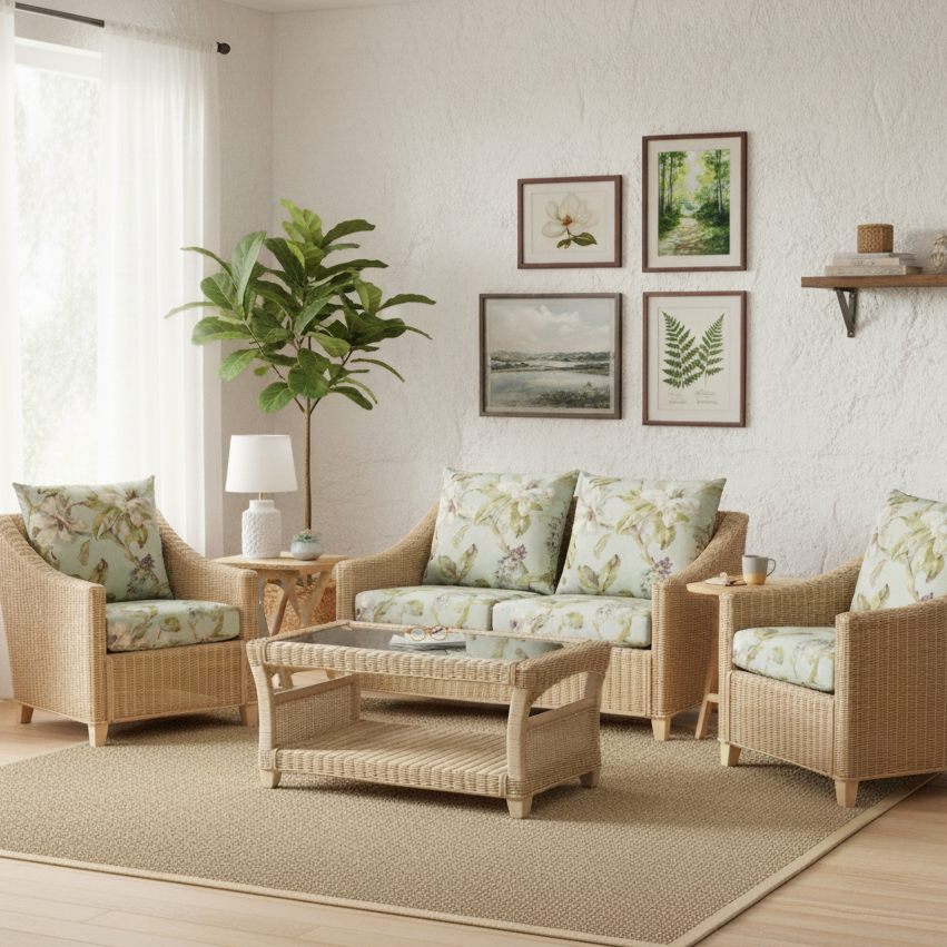 Dijon Natural Rattan 2 Seater Sofa 3pc Suite with Coffee Table in Lily