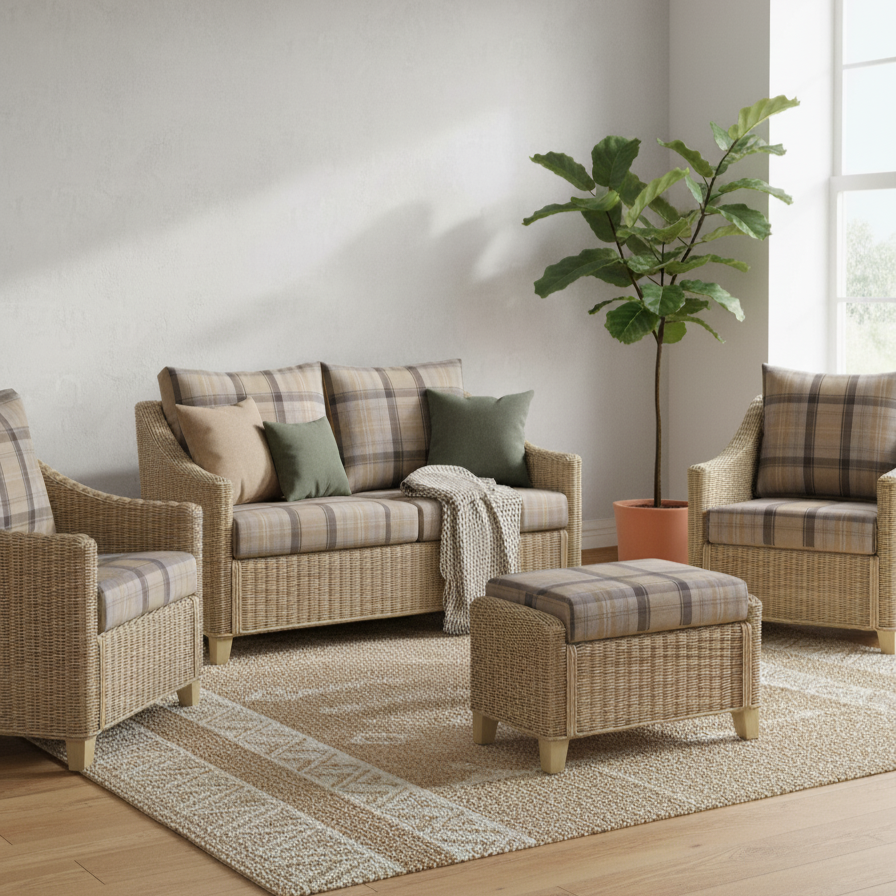 Dijon Natural Wash Cane 2-Seater Sofa, Two Armchairs, Footstool in Highland