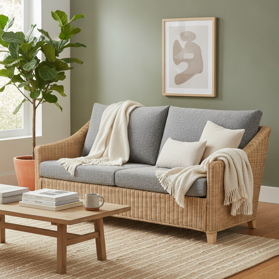 Dijon Natural Wash Cane 3 Seater Sofa in Monarch Grey