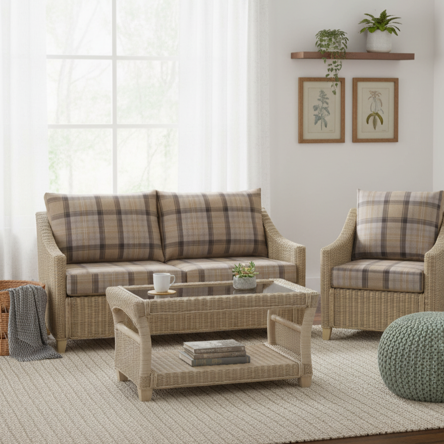 Dijon Natural Wash Cane 3 Seater Sofa, Armchair with Coffee Table - Highland