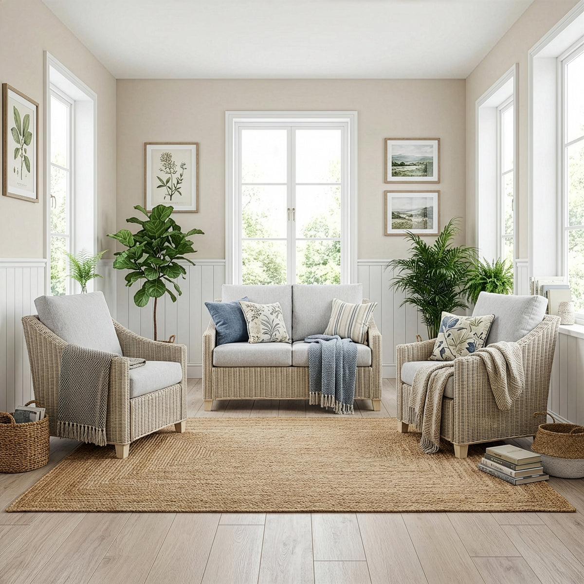 Dijon Natural Rattan 2 Seater Sofa 3pc Suite