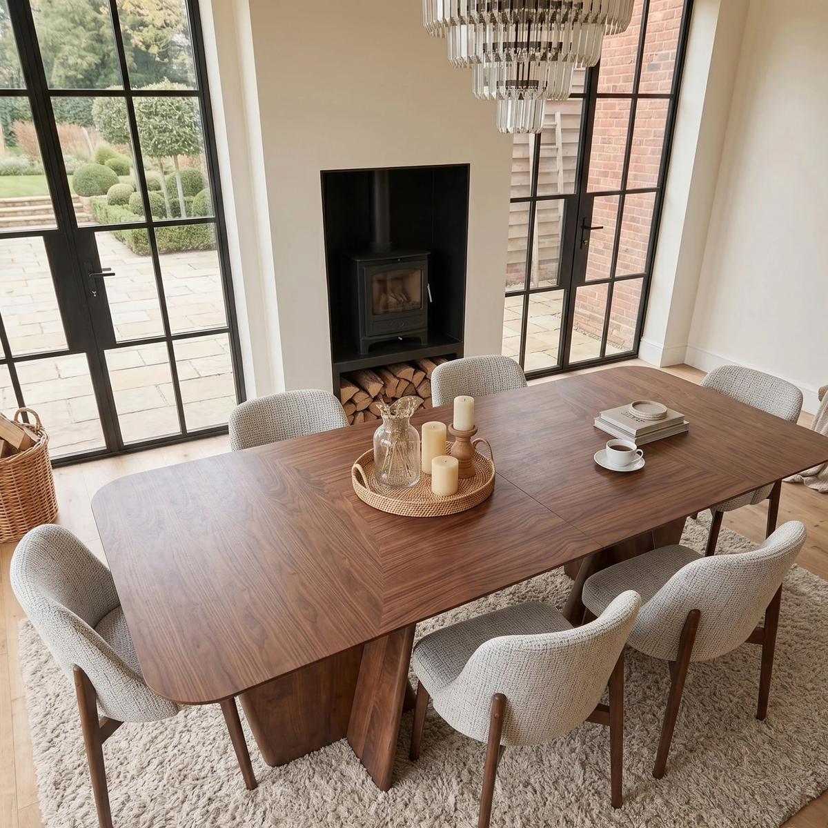 Divino 240cm Walnut Dining Set – Architectural Table with 6 Divino Oatmeal Boucle Chairs