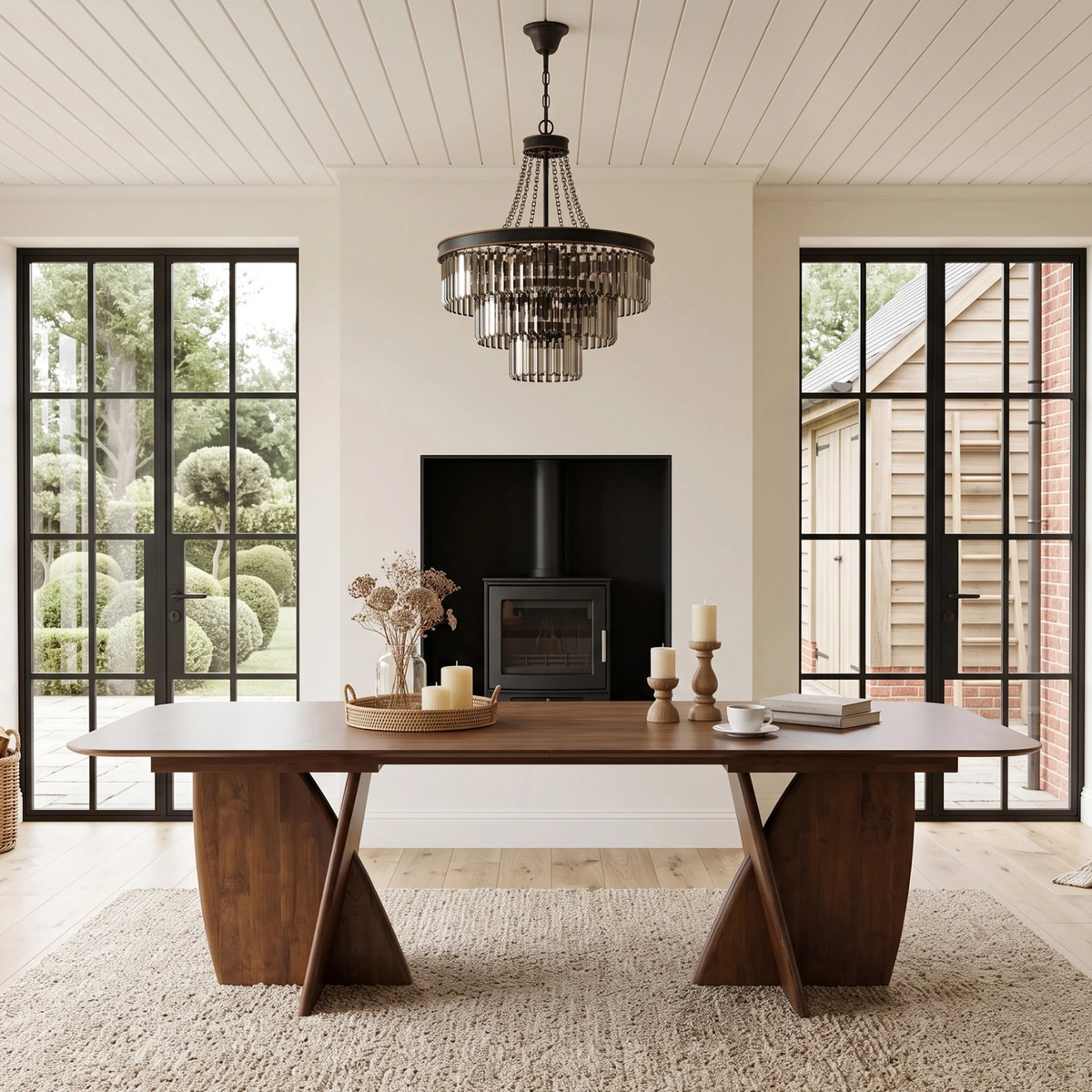 Divino 240cm Walnut Dining Set – Architectural Table with 6 Divino Oatmeal Boucle Chairs