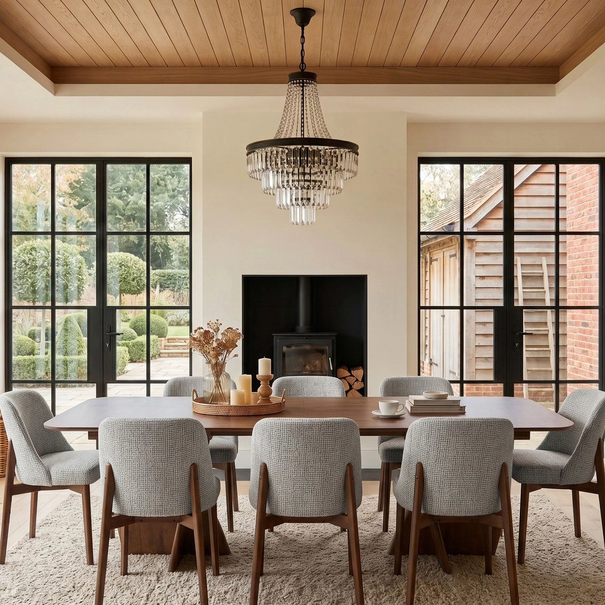 Divino 240cm Walnut Dining Set – Architectural Table with 8 Divino Oatmeal Boucle Chairs