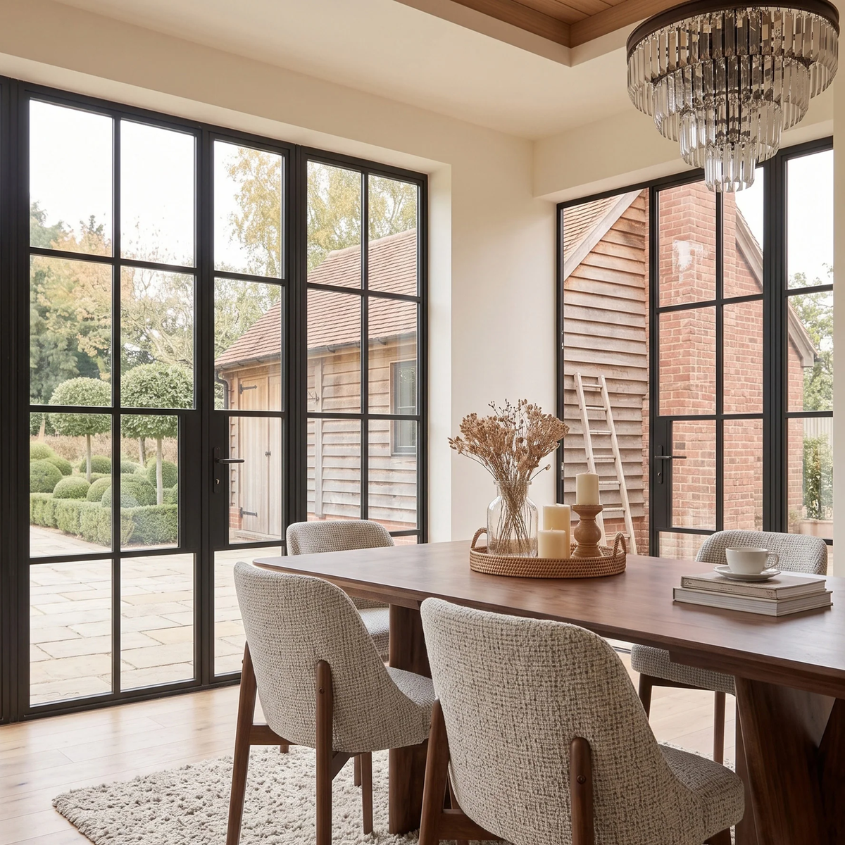 Divino 240cm Walnut Dining Set – Architectural Table with 8 Divino Oatmeal Boucle Chairs