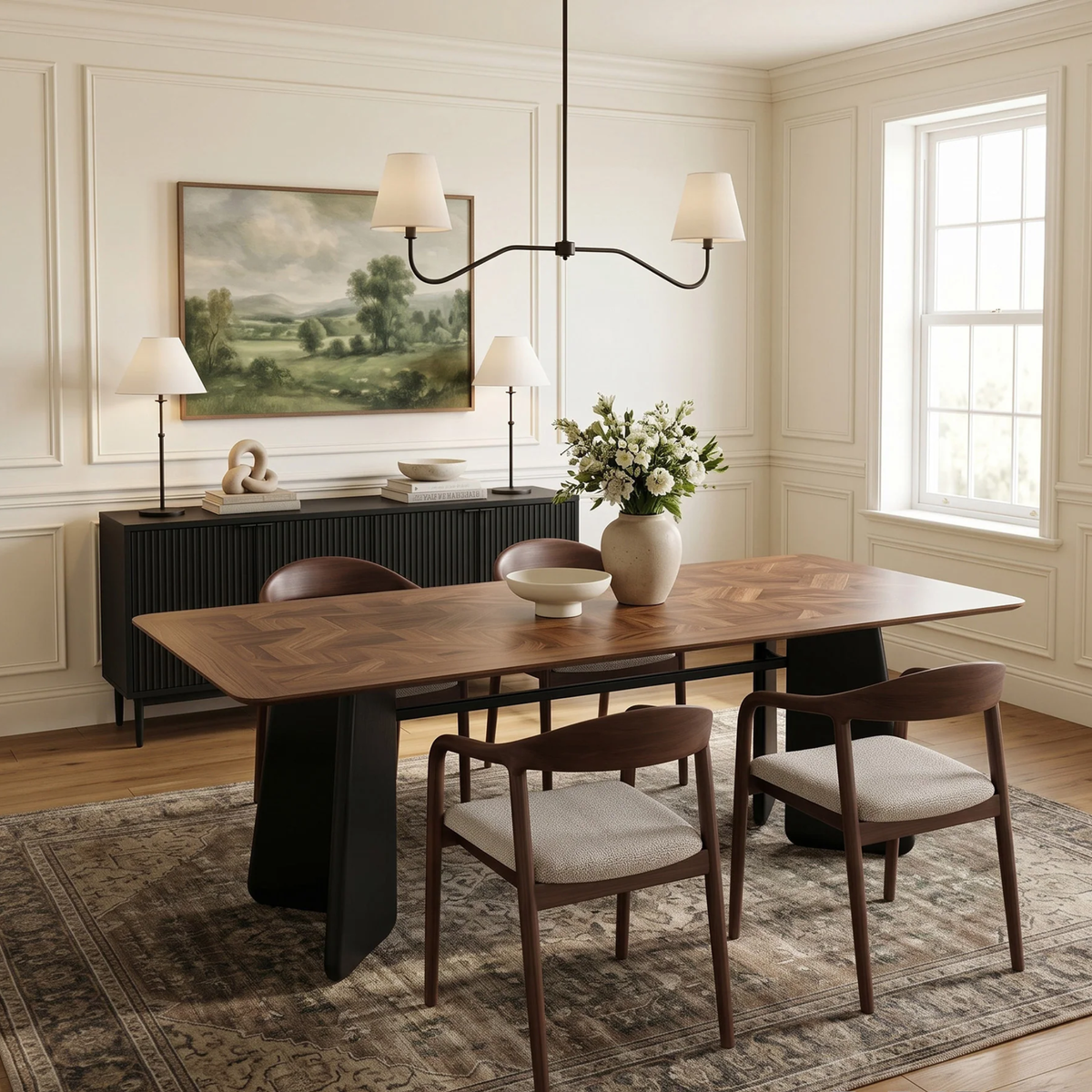 Durban 220cm Walnut Dining Set – Black Tapered Table with 4 Tressa Oatmeal Boucle Chairs