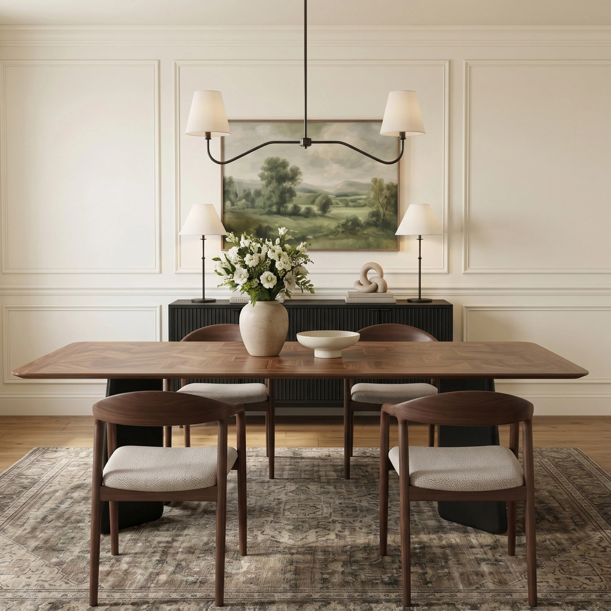 Durban 220cm Walnut Dining Set – Black Tapered Table with 4 Tressa Oatmeal Boucle Chairs