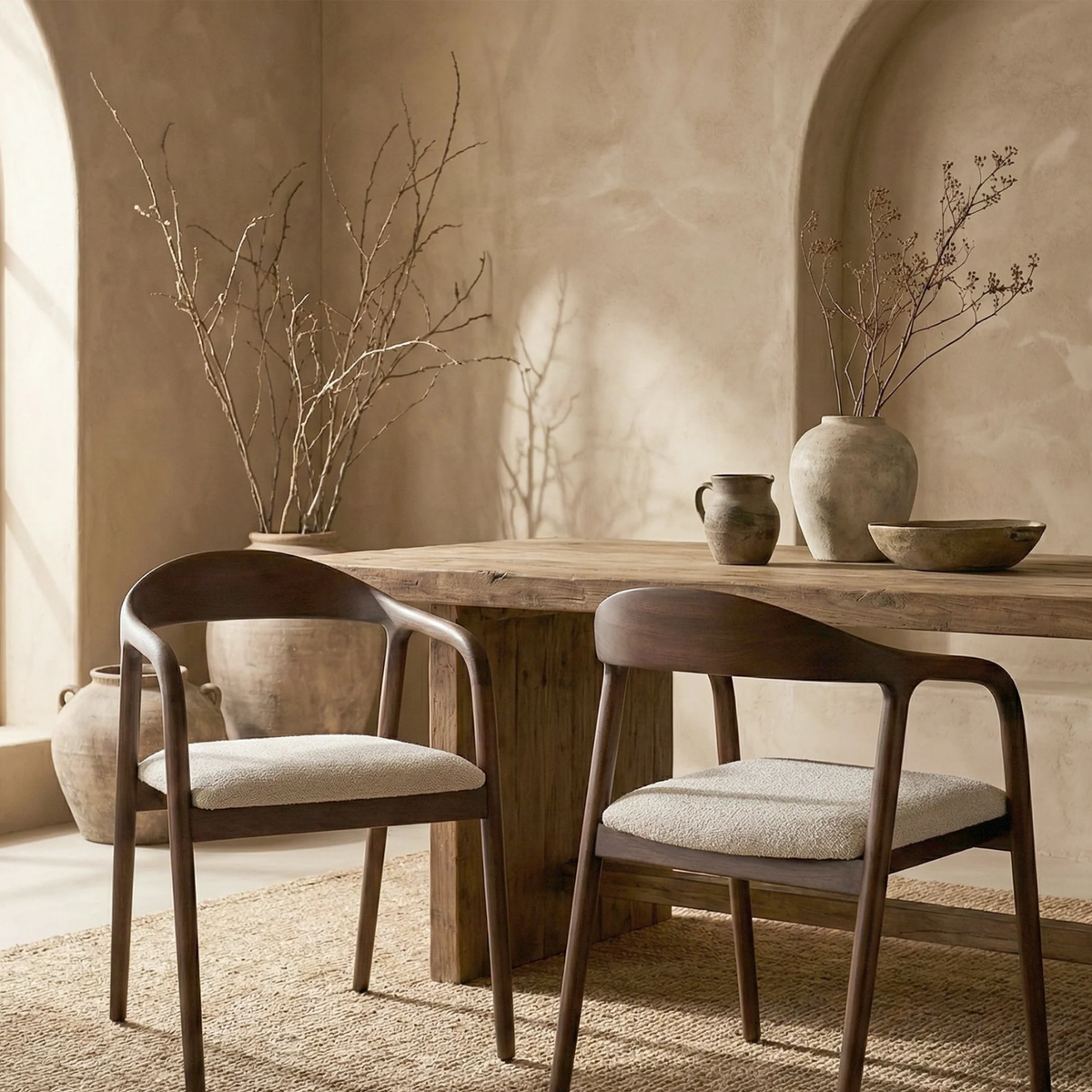 Durban 220cm Walnut Dining Set – Black Tapered Table with 6 Tressa Oatmeal Boucle Chairs