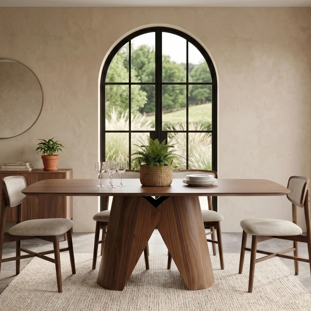Eltera 180cm Walnut Dining Set – Sculptural Pedestal Base Table with 4 Eltera Oatmeal Boucle Chairs