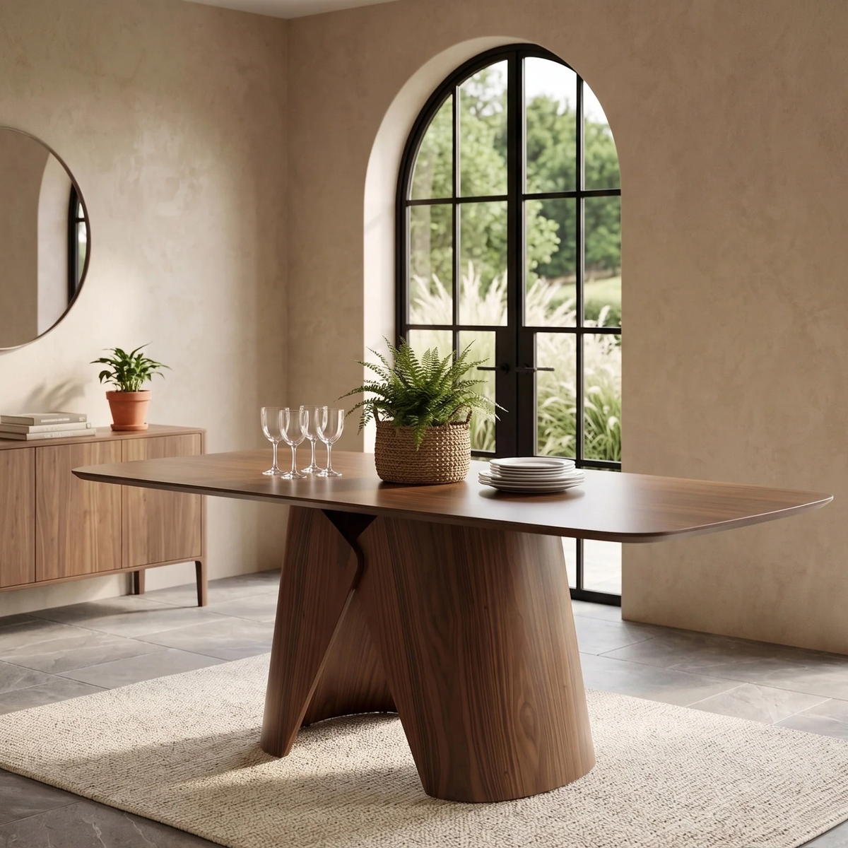 Eltera 180cm Walnut Dining Set – Sculptural Pedestal Base Table with 4 Eltera Oatmeal Boucle Chairs
