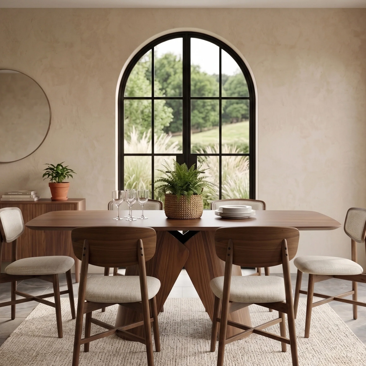 Eltera 180cm Walnut Dining Set – Sculptural Pedestal Base Table with 6 Eltera Oatmeal Boucle Chairs