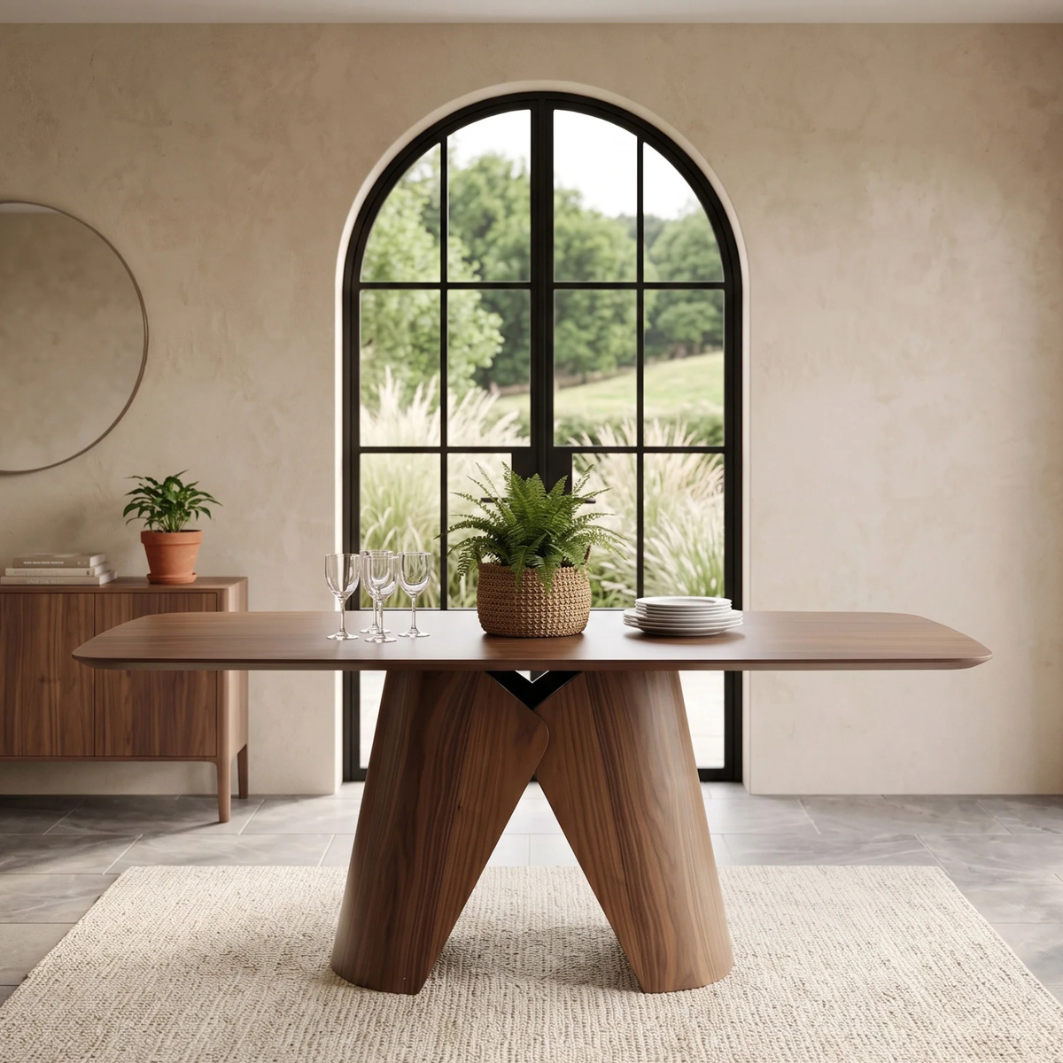 Eltera 180cm Walnut Dining Set – Sculptural Pedestal Base Table with 8 Eltera Oatmeal Boucle Chairs