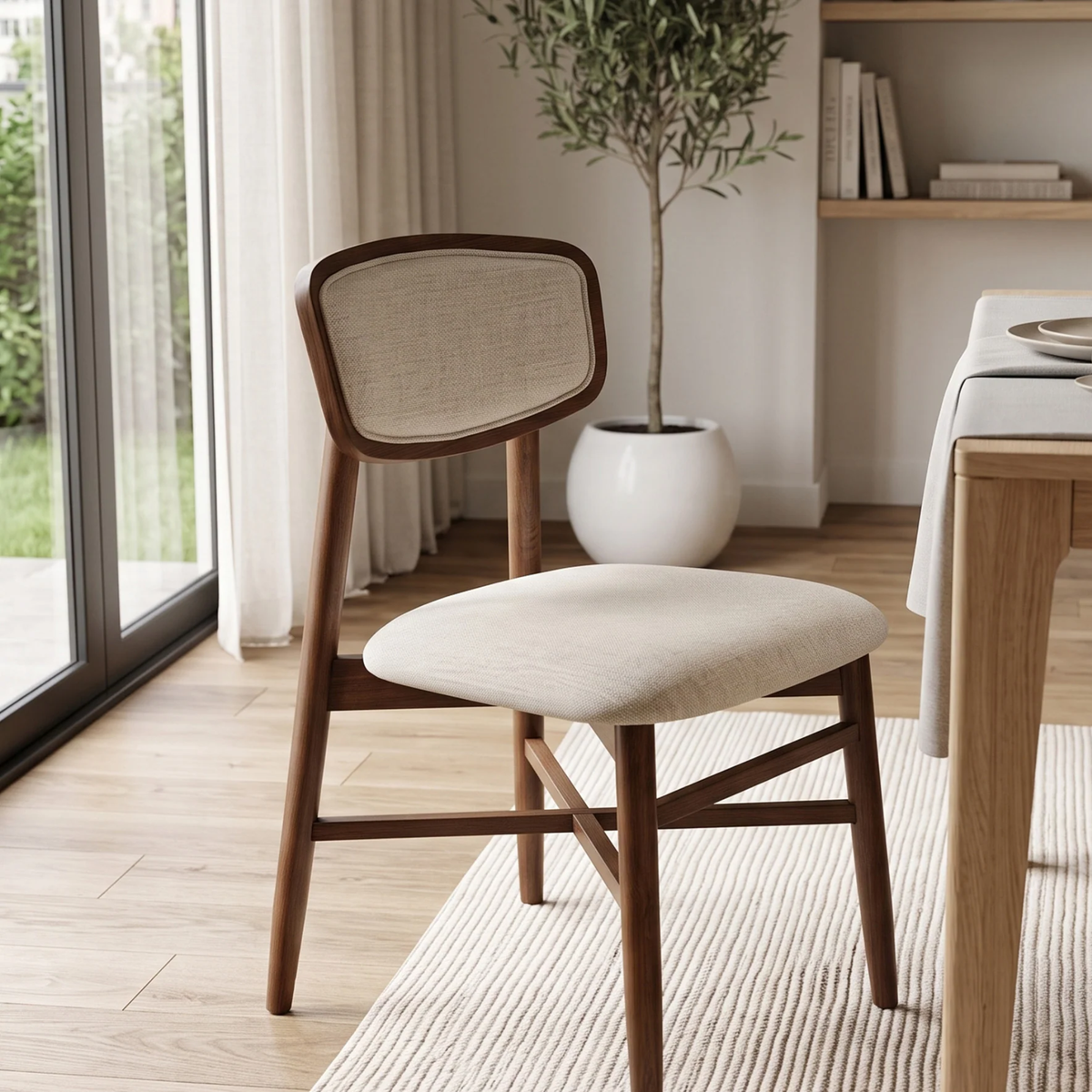 Eltera Walnut Upholstered Back Set of 2 Dining Chairs in Oatmeal Boucle