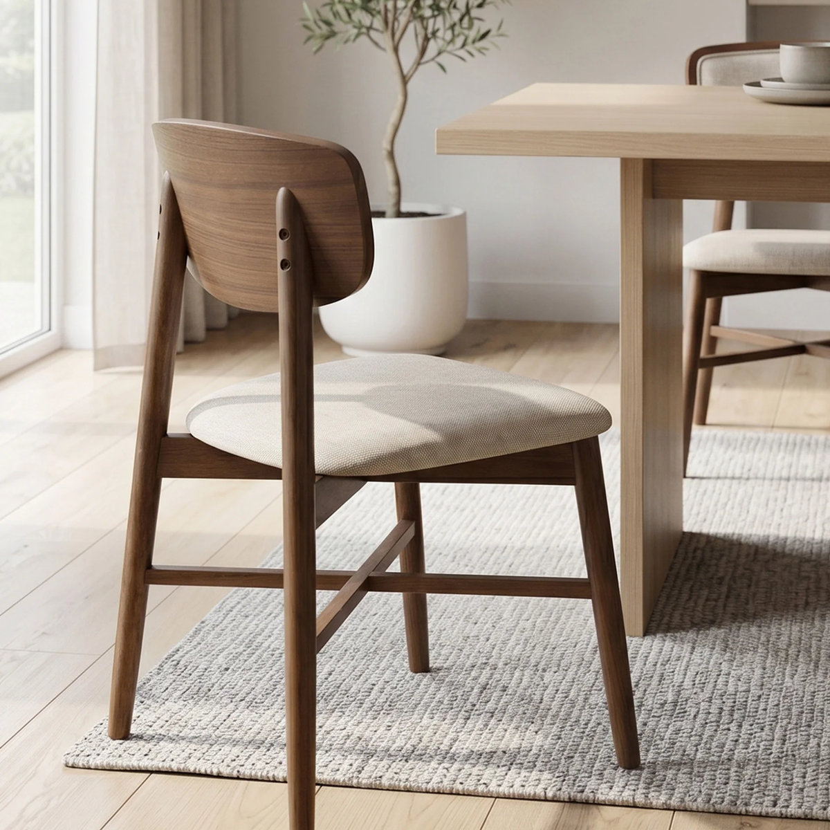 Eltera Walnut Upholstered Back Set of 2 Dining Chairs in Oatmeal Boucle