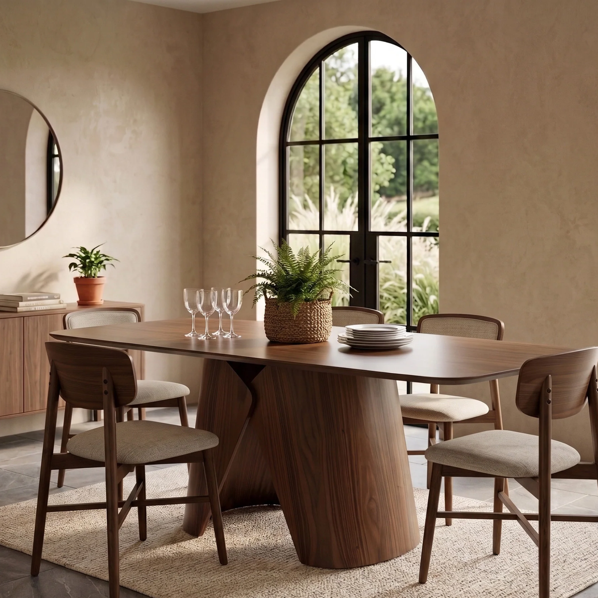 Eltera Walnut Upholstered Back Set of 2 Dining Chairs in Oatmeal Boucle