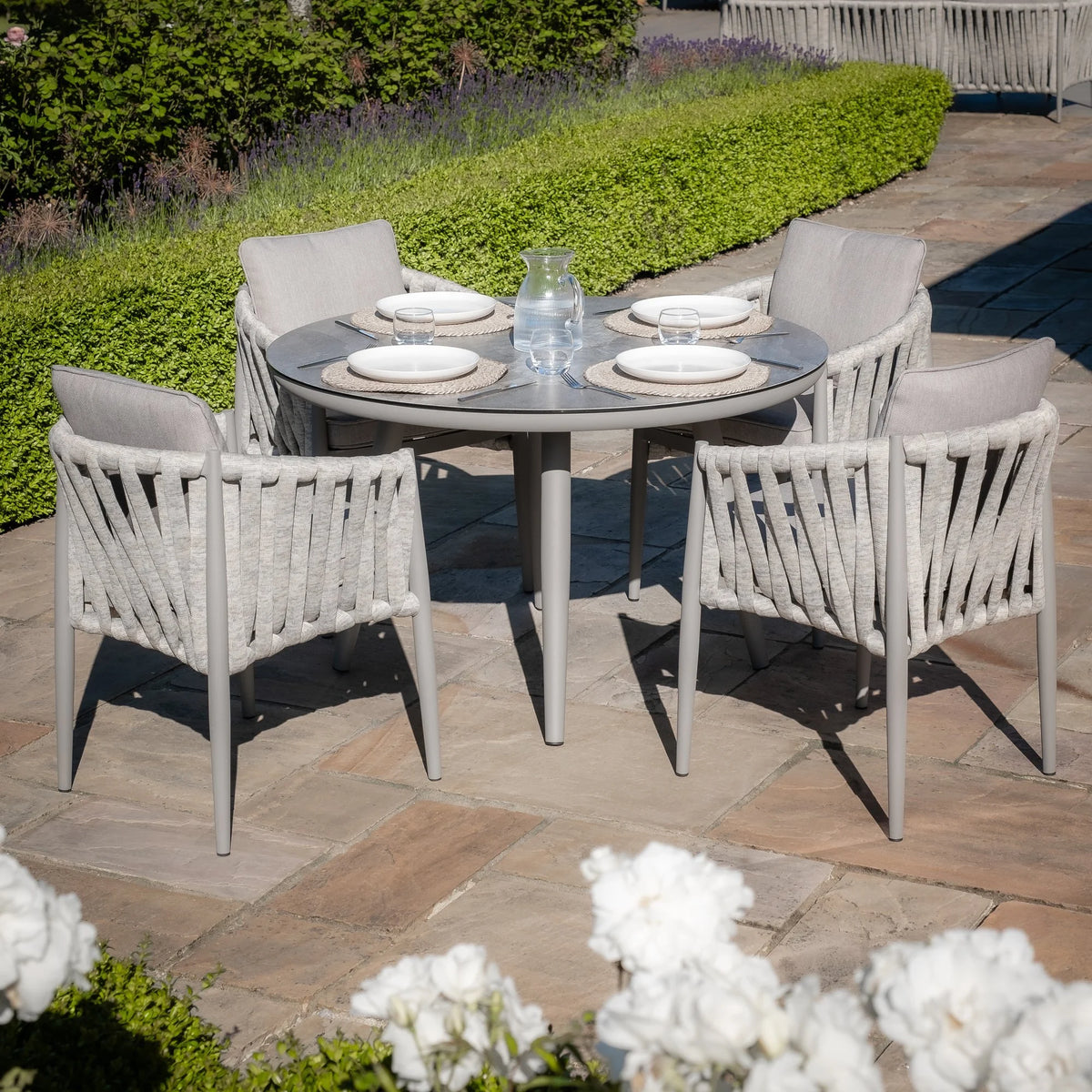 Elton 4 Seat Round Dining Set With Lazy Susan - Cool Linen