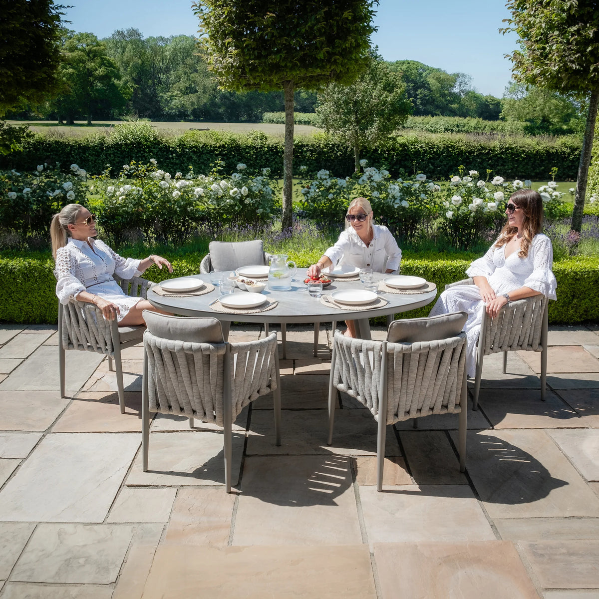Elton 6 Seat Oval Dining Set With Lazy Susan - Cool Linen