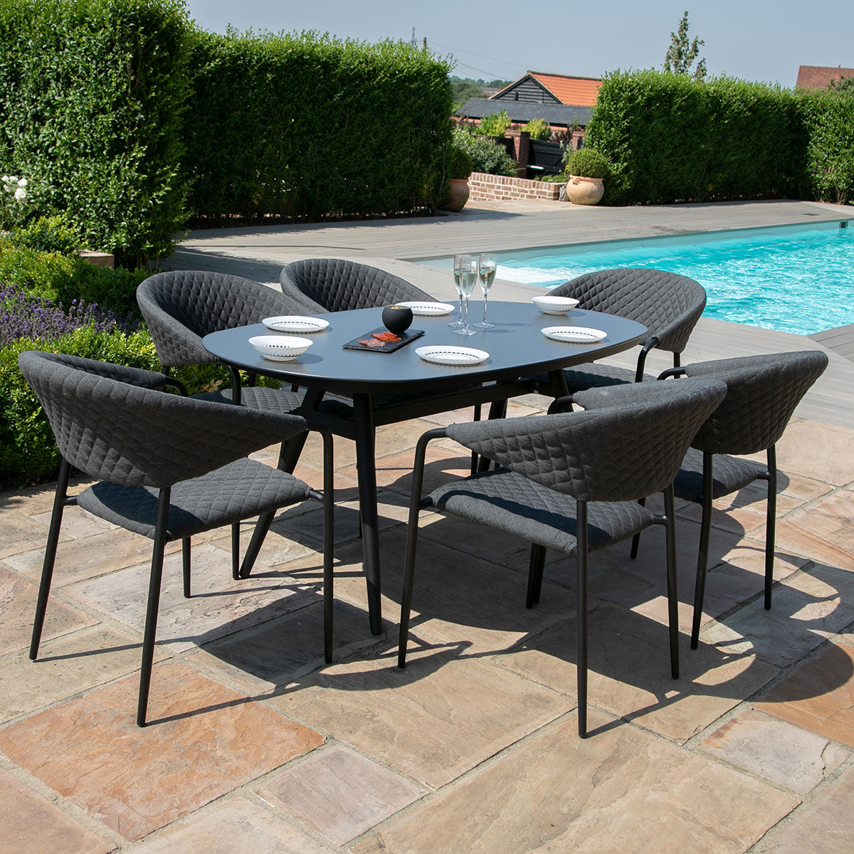 Pebble Outdoor Fabric 6 Seat Dining Set with Oval Table - All Weather Fabric