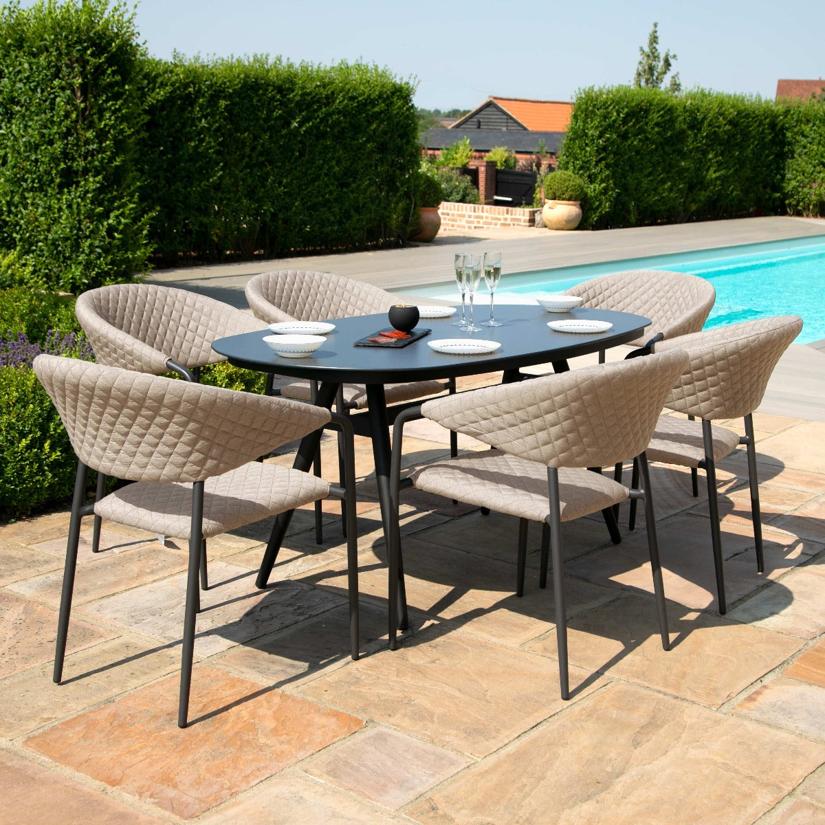 Pebble Outdoor Fabric 6 Seat Dining Set with Oval Table - All Weather Fabric