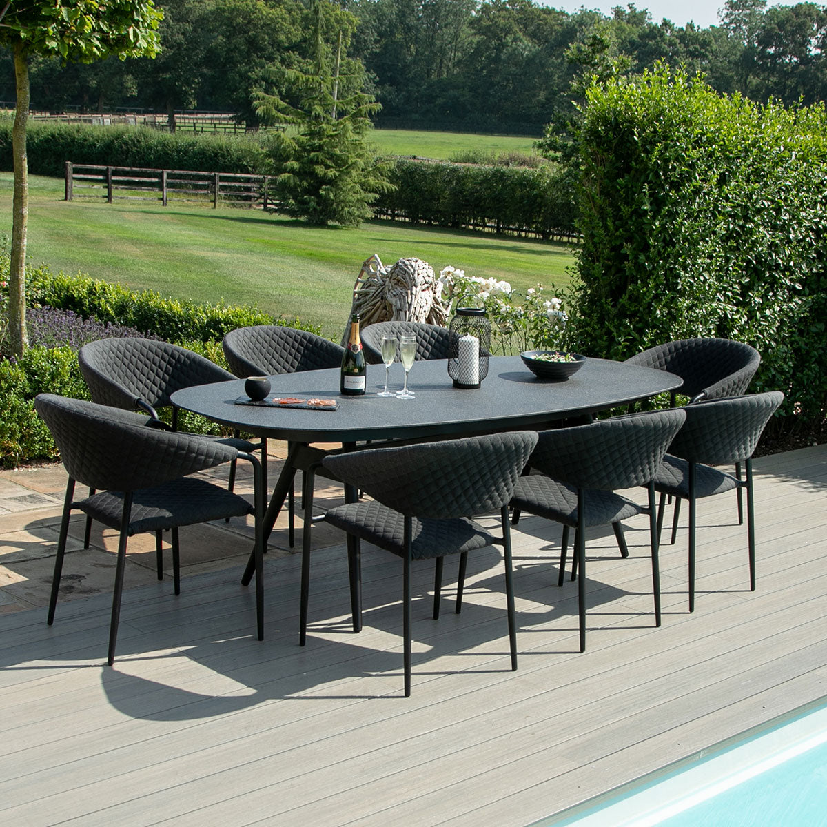 Pebble Outdoor Fabric 8 Seat Dining Set with Oval Table - All Weather Fabric