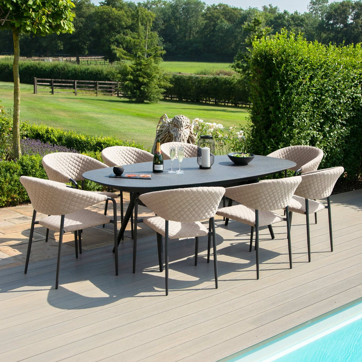 Pebble Outdoor Fabric 8 Seat Dining Set with Oval Table - All Weather Fabric