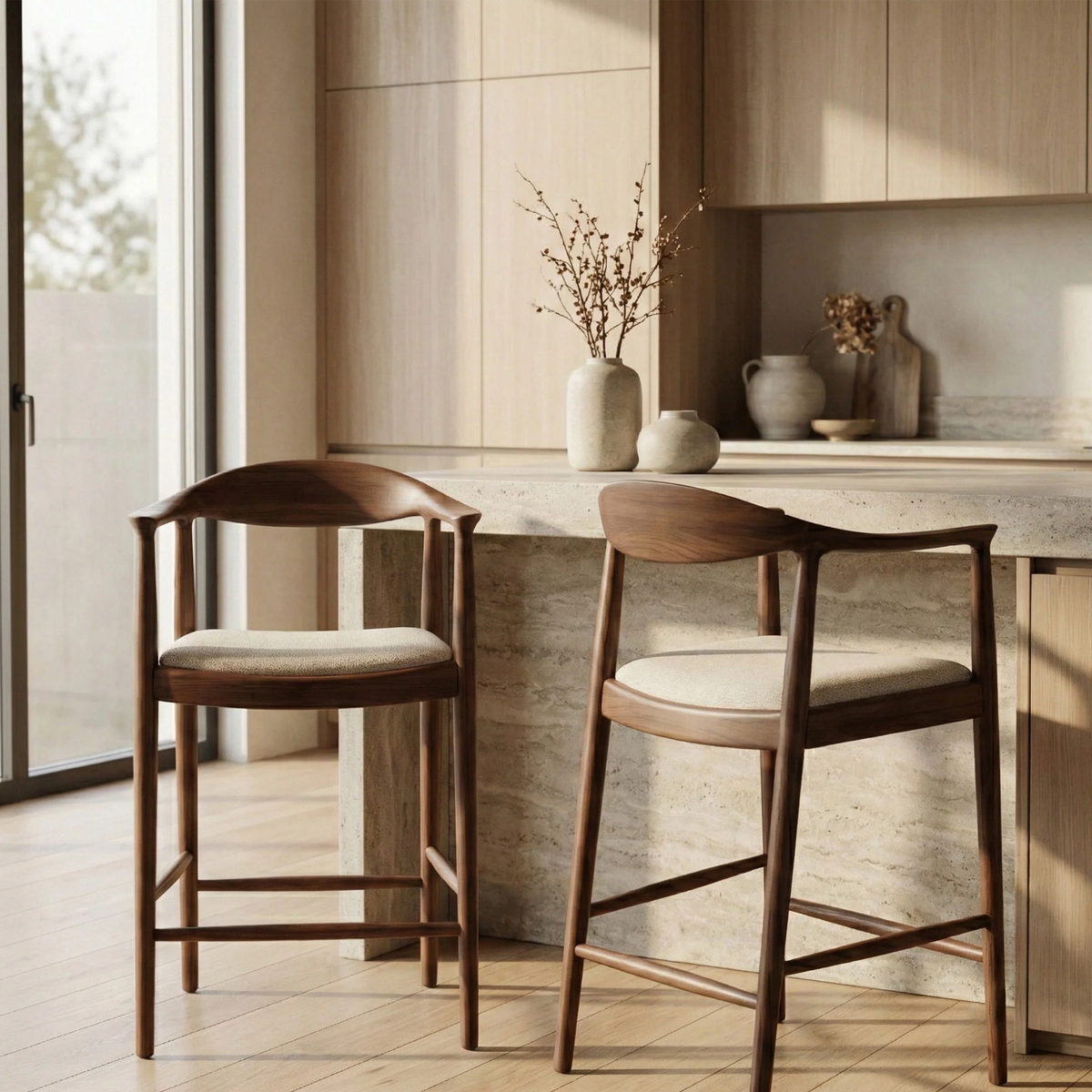 Fiora Walnut Set of 2 Bar Stools with Oatmeal Bouclé Upholstery