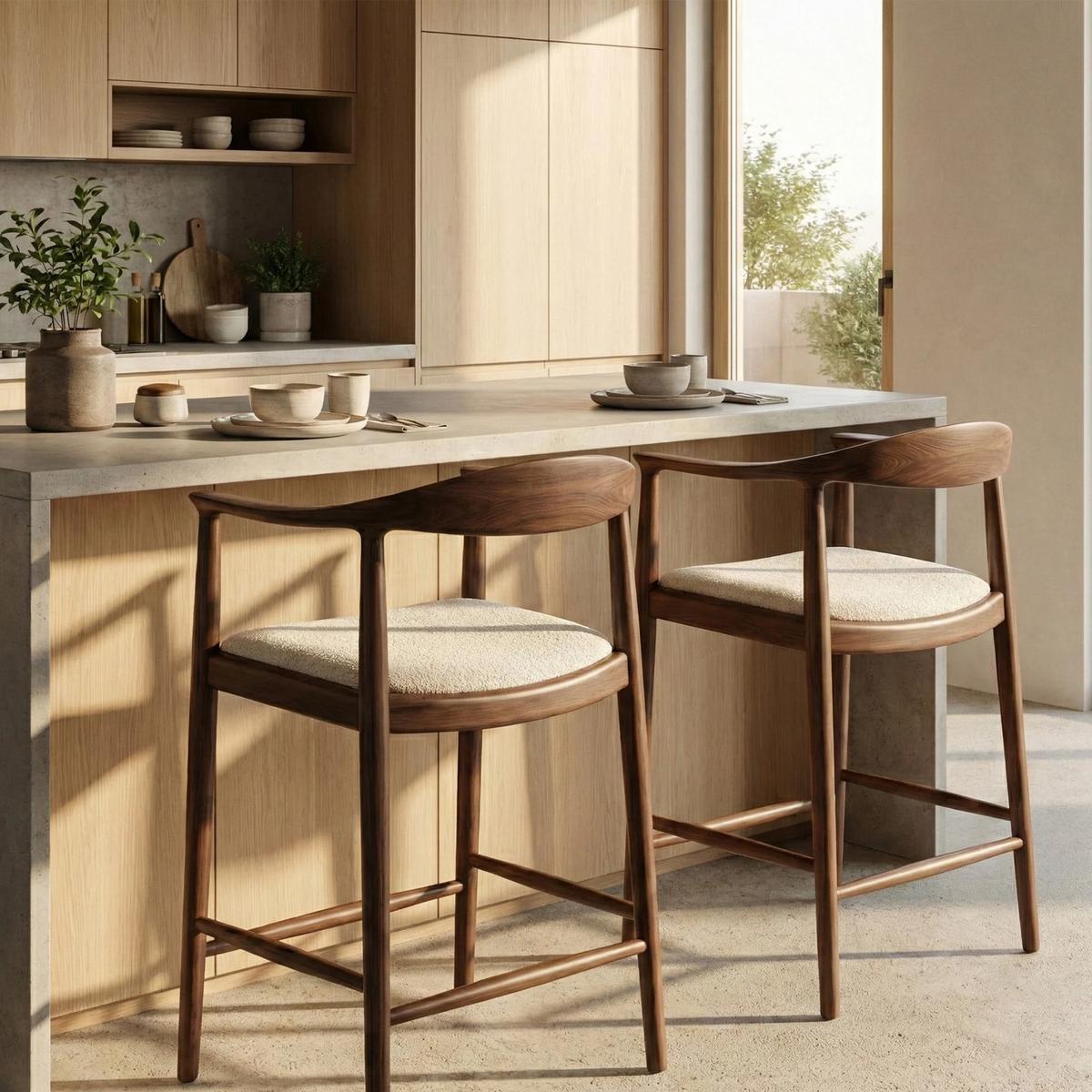 Fiora Walnut Set of 2 Bar Stools with Oatmeal Bouclé Upholstery