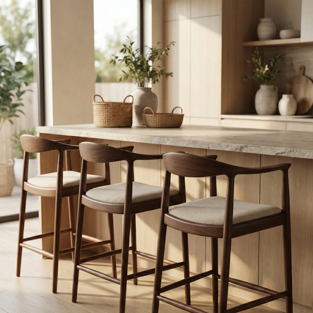 Fiora Walnut Set of 2 Bar Stools with Oatmeal Bouclé Upholstery