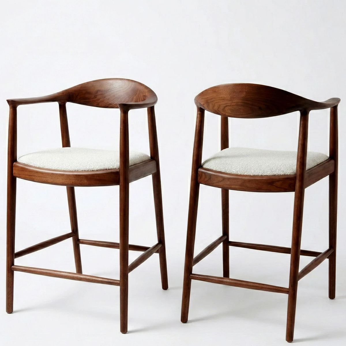 Fiora Walnut Set of 2 Bar Stools with Oatmeal Bouclé Upholstery