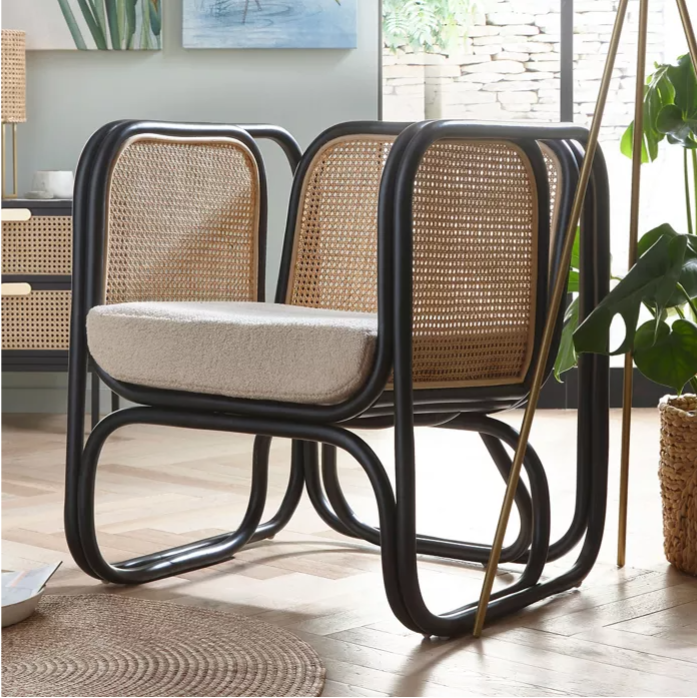 Black Rattan Iconic Chair with Boucle Cushion
