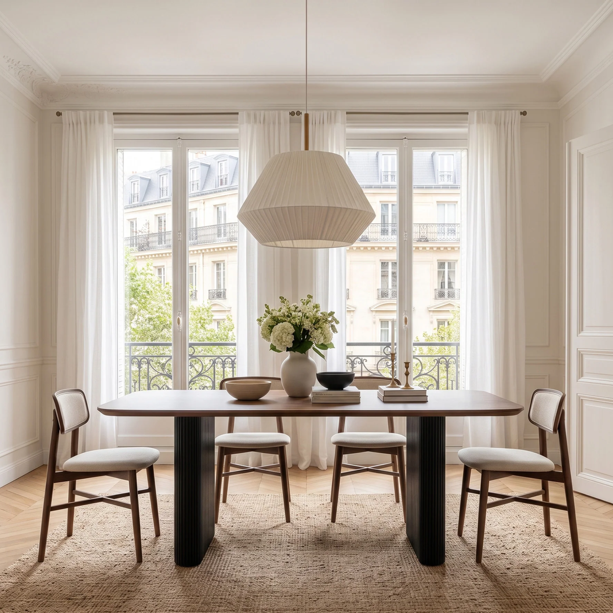 Gerova 180cm Walnut Dining Set – Black Fluted Base Table with 4 Eltera Oatmeal Boucle Chairs