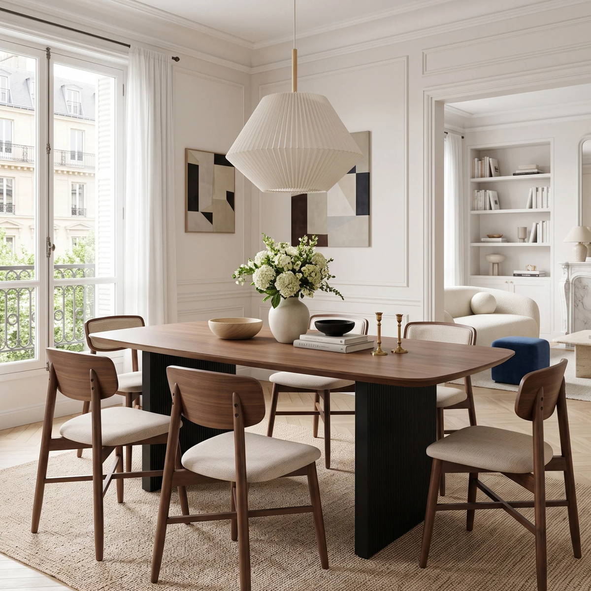 Gerova 180cm Walnut Dining Set – Black Fluted Base Table with 6 Eltera Oatmeal Boucle Chairs