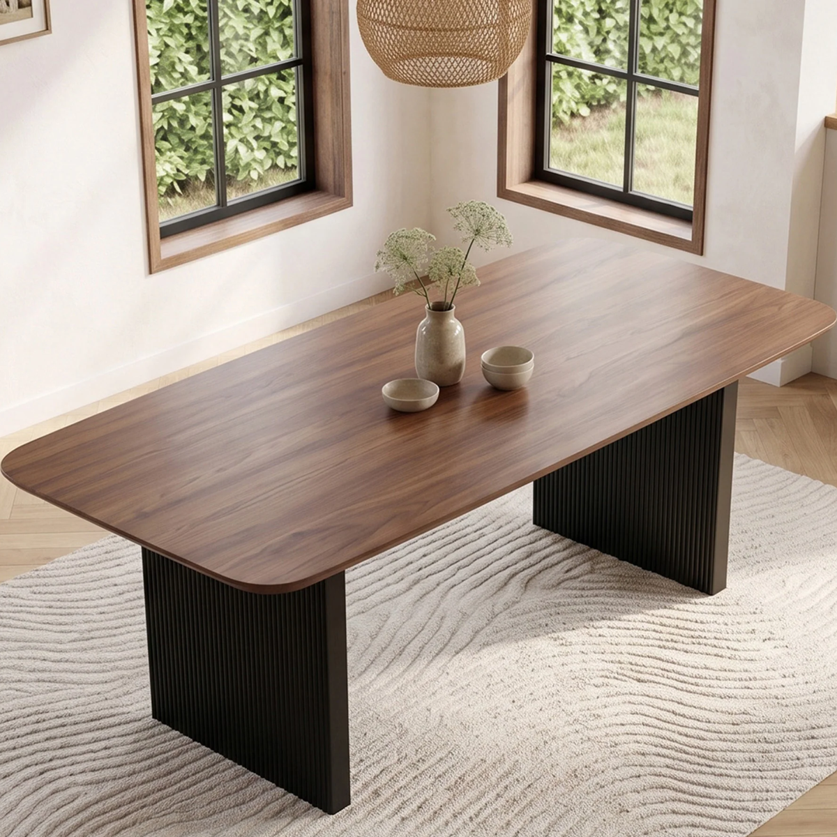 Gerova 180cm Walnut Dining Set – Black Fluted Base Table with 6 Eltera Oatmeal Boucle Chairs