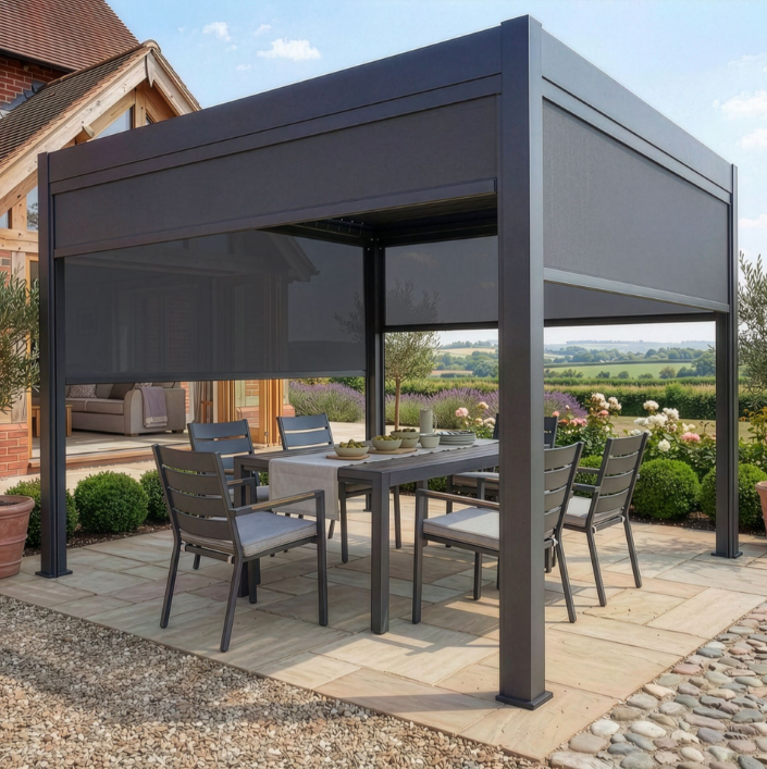 Juno Pergola Aluminium Rectangular 3m x 4m with Side Panels - Grey