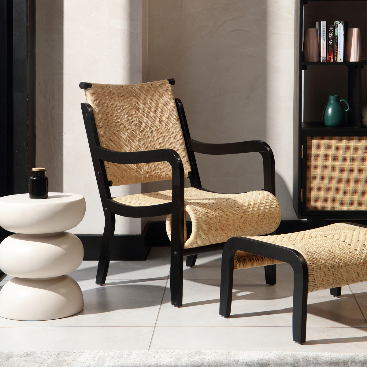 Harmony Wicker Footstool with Black Legs