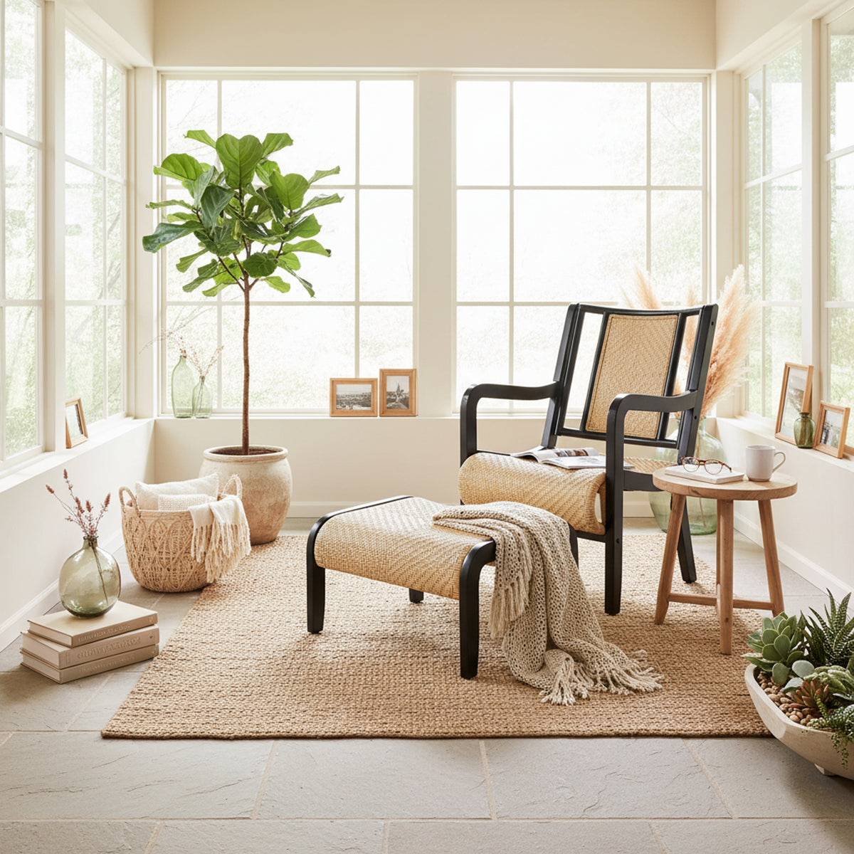 Harmony Wicker Chair and Footstool in Black Cane Frame